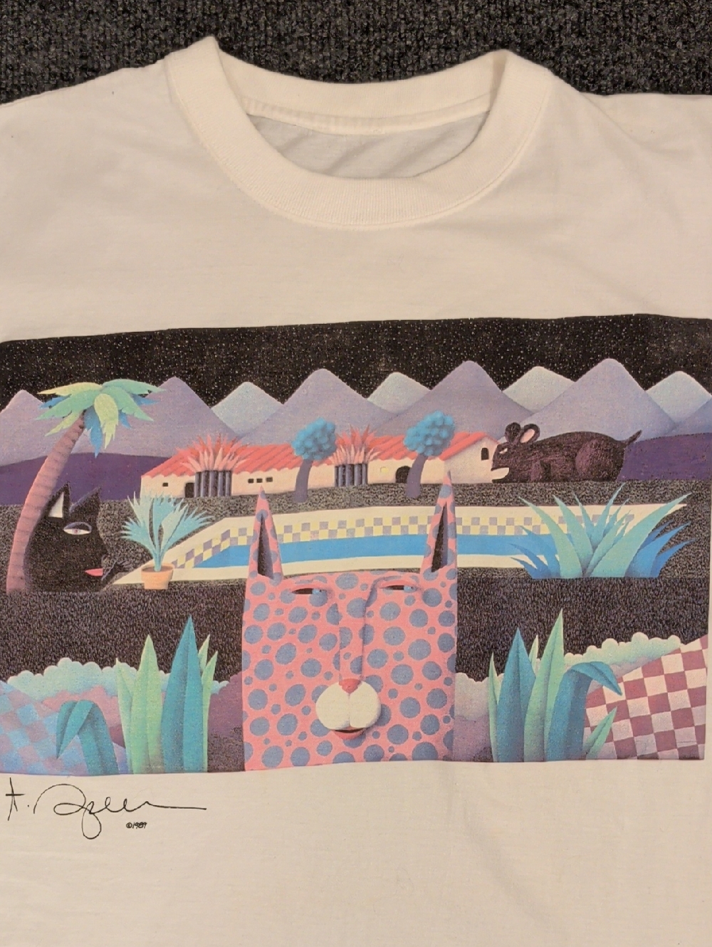 Vintage Surrealist Graphic Tee Artist Signed 1989 T Shirt Cats & Mouse Landscape